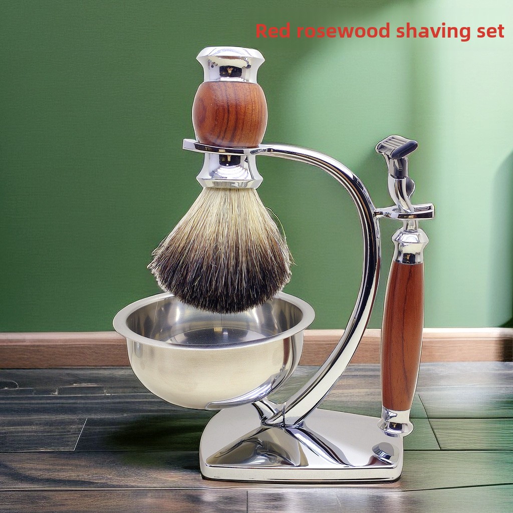 Beard Trimmer - ชุดโกนหนวดด้ามไม้โรสวูด สำหรับผู้ชาย พร้อมมีดโกนไม้เนื้อแข็งสามชั้น แปรงโกนหนวด และที่วางชาม